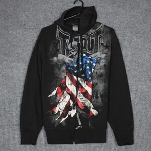 Tapout Mens Black Graphic Full Zip Hoodie American Flag Skull Skeleton MMA L Y2K